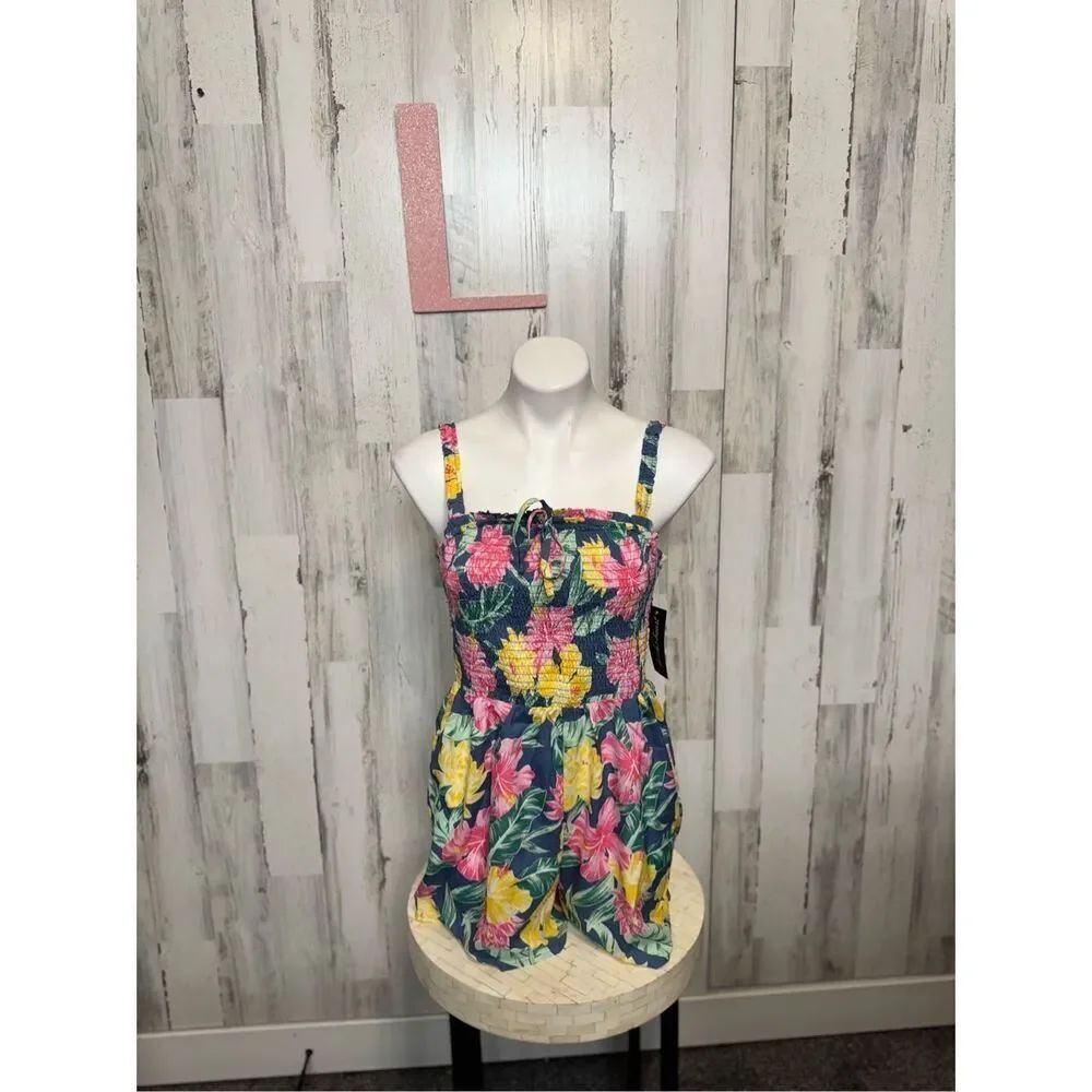 Derek Heart Navy Blue Tropical Floral Romper Womens Large Smocked Hot Pink Yello